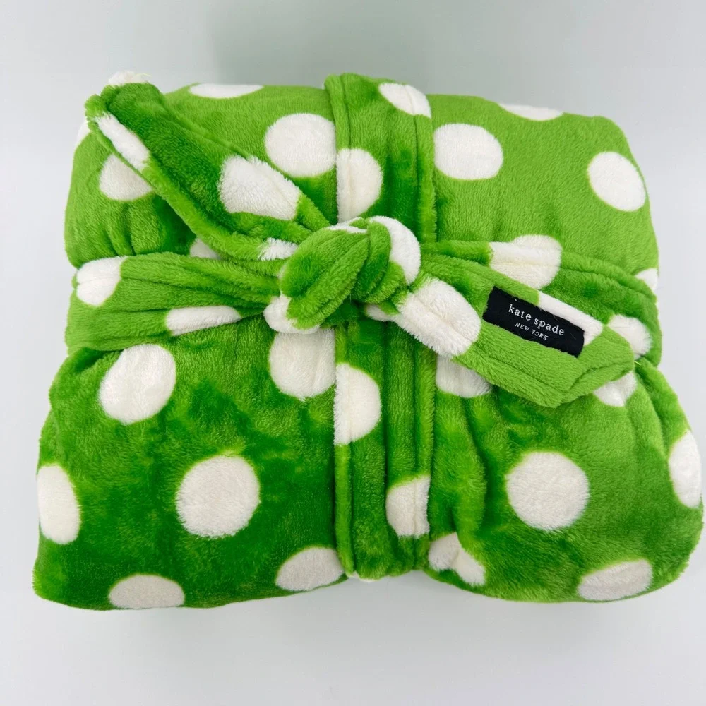NEW Kate Spade Robe Womens M Green Polka Dot Plush Fleece Belted Pockets